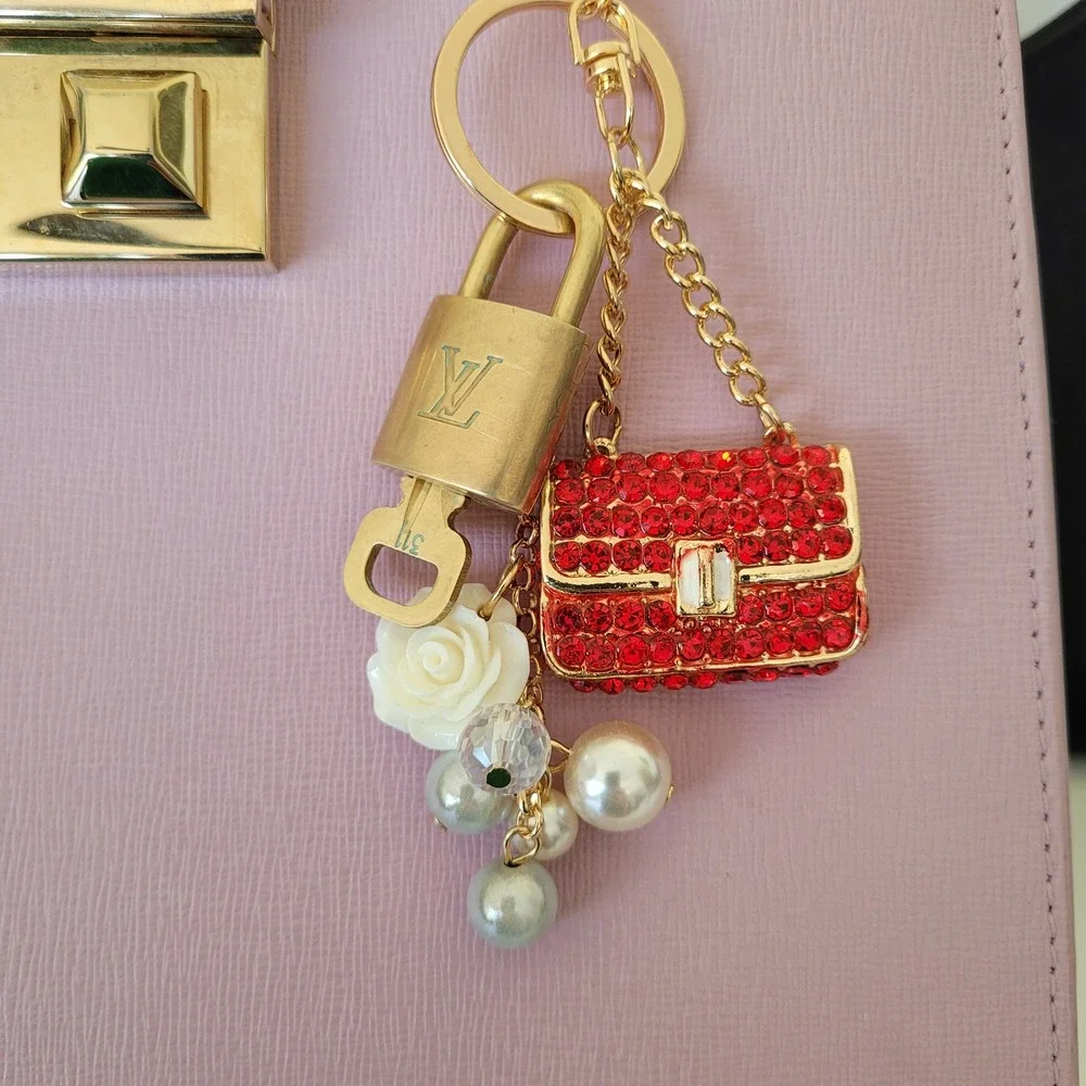 Louis Vuitton Authentic Padlock 311 Key Red Rhinestone Purse Pearl Bag Charm